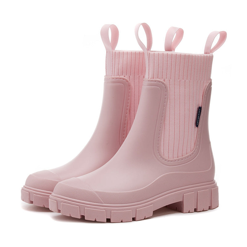 Elastic Waist Women's Mid-Calf Rain Boots, Durable Heeled Waterproof Non-Slip Outdoor Wearable Mid-Calf Boots for Rainy Weather
