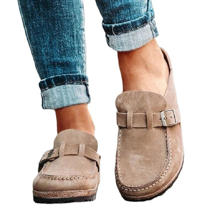 Women's Slippers with Round Toe, Low Heel, Casual Half-Heeled Slip-On, Solid Color, Size 43, Large Size
