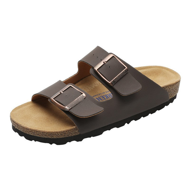 Leather flat bottomed Buchen slippers for women's doubles with button up two character slippers