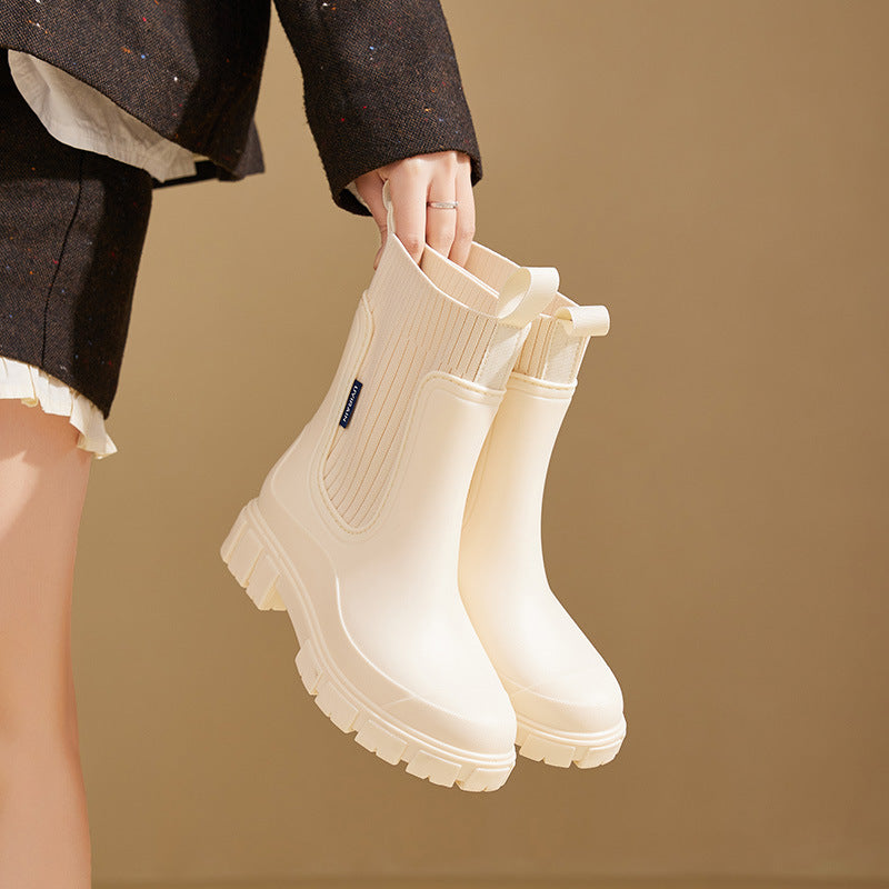 Elastic Waist Women's Mid-Calf Rain Boots, Durable Heeled Waterproof Non-Slip Outdoor Wearable Mid-Calf Boots for Rainy Weather