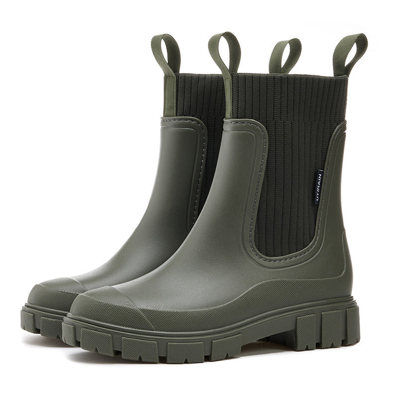 Elastic Waist Women's Mid-Calf Rain Boots, Durable Heeled Waterproof Non-Slip Outdoor Wearable Mid-Calf Boots for Rainy Weather