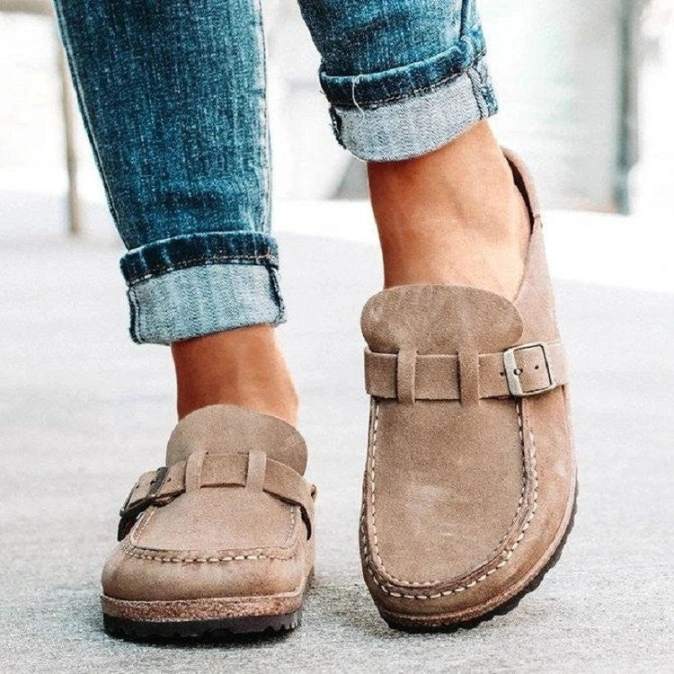 Women's Slippers with Round Toe, Low Heel, Casual Half-Heeled Slip-On, Solid Color, Size 43, Large Size