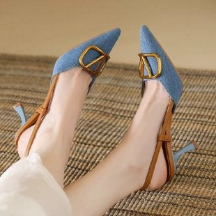 French Shallow Mouth Pointed Toe Stiletto Women's Denim High Heel Sandals Summer Breathable and Leg-lengthening
