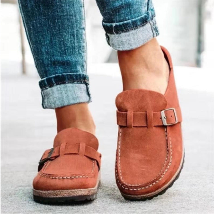 Women's Slippers with Round Toe, Low Heel, Casual Half-Heeled Slip-On, Solid Color, Size 43, Large Size