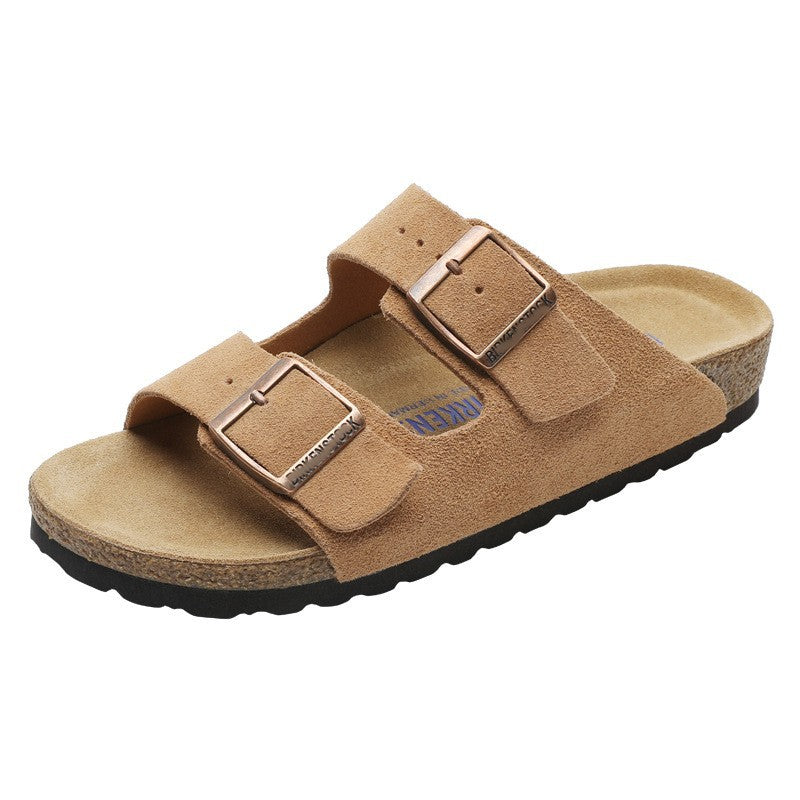 Leather flat bottomed Buchen slippers for women's doubles with button up two character slippers