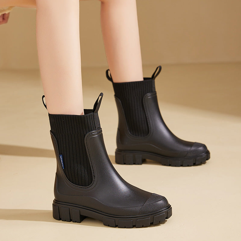 Elastic Waist Women's Mid-Calf Rain Boots, Durable Heeled Waterproof Non-Slip Outdoor Wearable Mid-Calf Boots for Rainy Weather