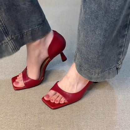 Sexy Toe-Opening Ankle Strap Sandals for Women French Retro Side Hollow Genuine Leather Square Toe High Heels to Match Dresses
