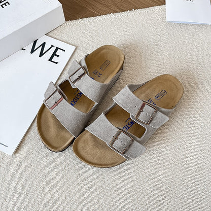 Leather flat bottomed Buchen slippers for women's doubles with button up two character slippers