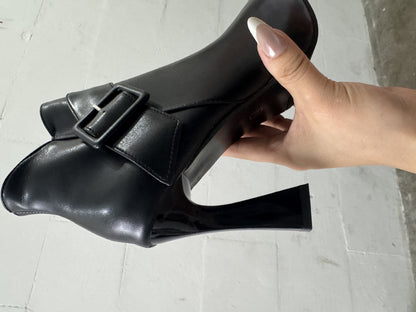Faux Leather Pointed Toe High Heel Ankle Boots with Buckle Detail for Women