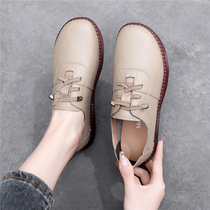 Leather Wide Toe Elastic Ankle Women's Single Shoes Comfortable Casual Flat Heel Soft Sole Thick Sole